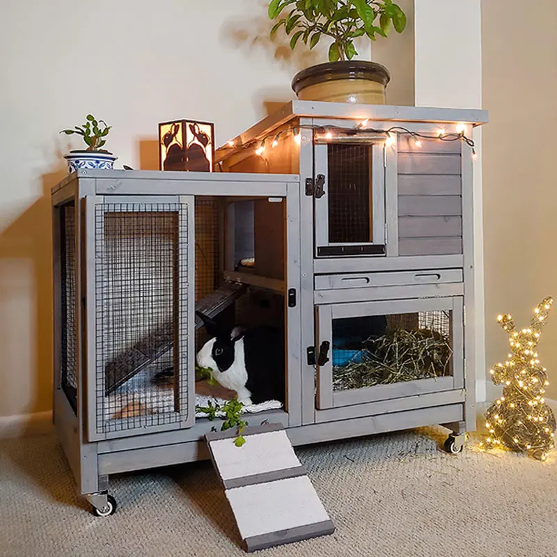 Aivituvin-AIR10 Wooden Rabbit Hutch, Indoor & Outdoor Bunny Cage, Guinea Pig House & Habitat with 8.3ft² Inner Space