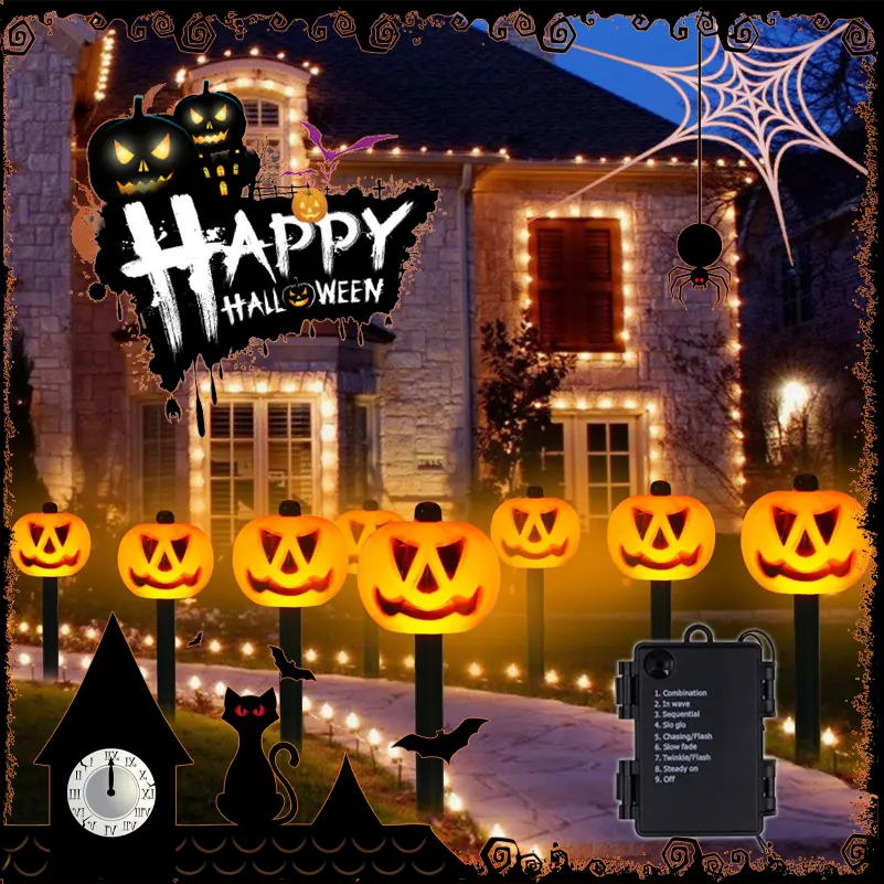 Halloween 8-LED Pumpkin Jack-o'-Lantern Ornament Set, Battery-Operated Outdoor LED Lights with 8 Flashing Modes, Glow-in-the-Dark Orange Holiday Home Improvement Decoration for Outdoors