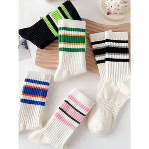 5 Pairs Assorted Color Striped Outdoor Sports Socks, Breathable Mid-Calf Socks, Versatile Stackable Socks For Women, Opaque Socks