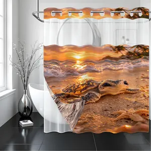 1 Pack No Hook Double Layer Shower Curtain, Sunset Beach Turtle Print Bath Curtain, Machine Washable, Waterproof, Mildew Resistant, Durable Fabric, Coastal Vacation Bathroom Decor, Removable Liner, Top See-Through Window, Partition Curtain 71"×74"