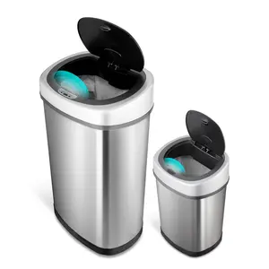 NINESTARS CB-DZT-50-9/12-9 Automatic Touchless Infrared Motion Sensor Trash Can Combo Set, 13 Gal 50L & 3 Gal 12L, Stainless Steel Base (Oval, Silver/Black Lid)