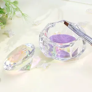 Aurora Crystal Glass Nail Dappen Dish with Diamond Lid, Iridescent Nail Art Liquid Cup for Acrylic Monomer, Glitter Powder & Brush Cleaner, Professional Manicure Tool for Salon & Home Use