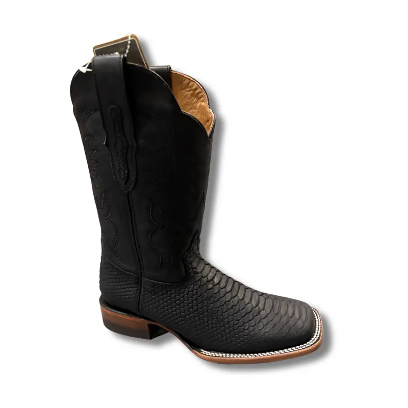 Old black imitation python boots colored soles