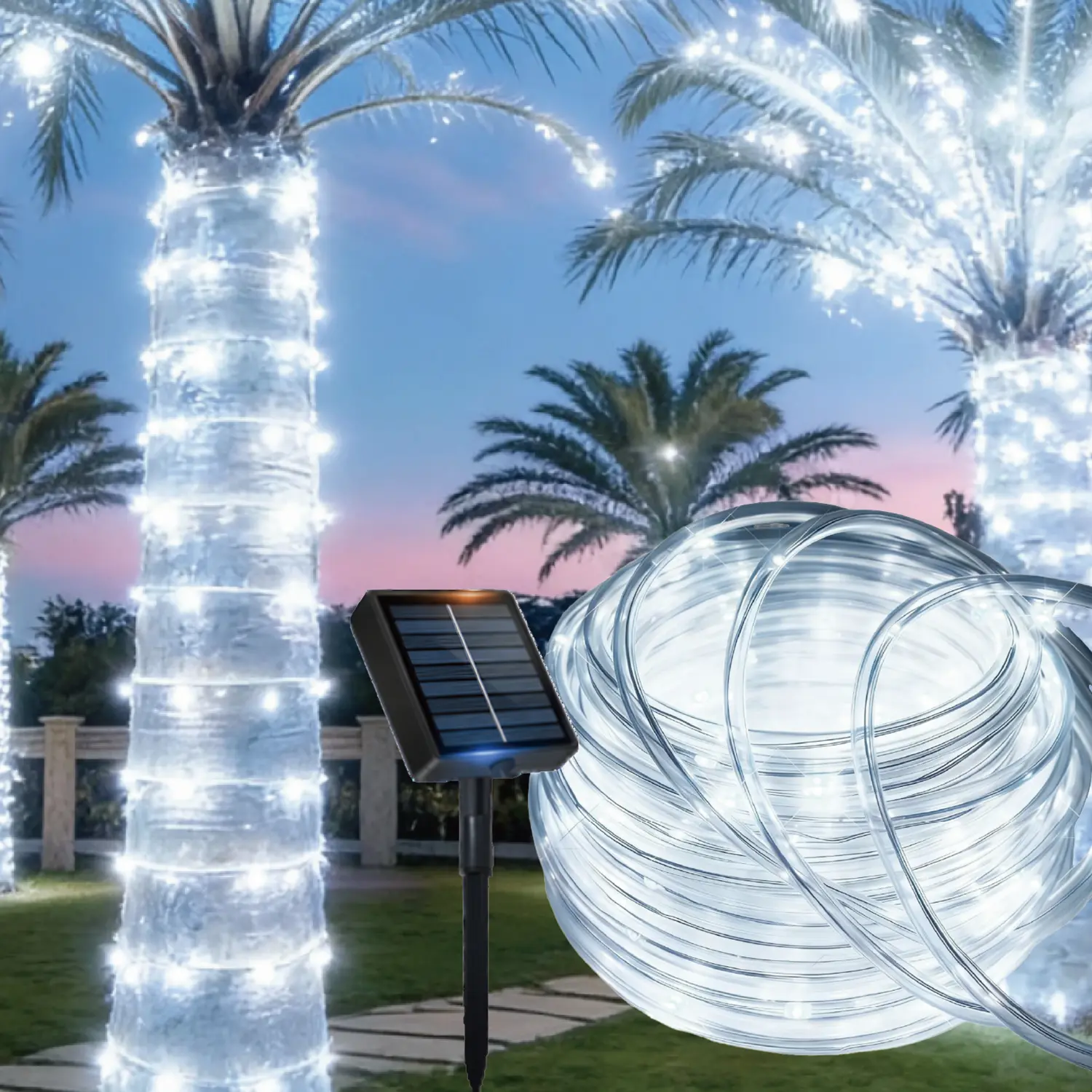 Three-color Solar Tube Lamp 32.8FT IP65 Waterproof 100 LEDs for Gardens Courtyards Christmas Decorations Outdoor Waterproof Lamps