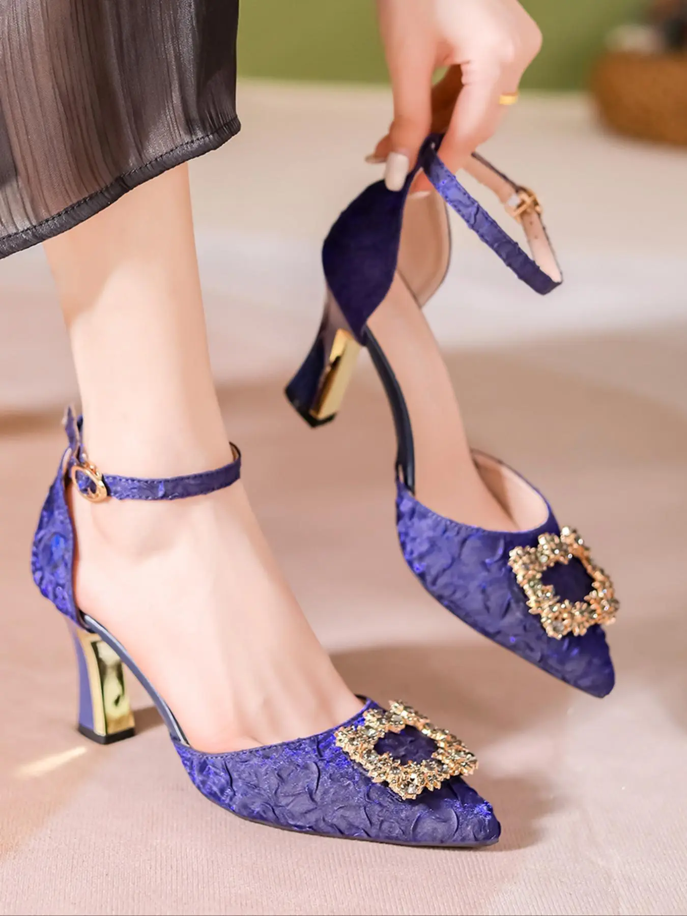 Women's Fashionable Square Rhinestone Decor High Heel Sandals, Elegant Buckle Design Pointed Toe Heeled Shoes for Party, Daily Clothing Decor for Women & Girls Footwear, Ankle Strap Sandal