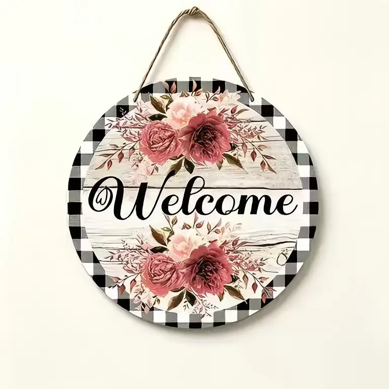 Welcome Round Hanging Sign, Black White Buffalo Plaid Pink Floral Farmhouse Wall Decor, Front Door Quote Gift for Women Mom Friends, Birthday Christmas Thanksgiving Mother's Day Home Porch Art Present