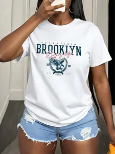 American Vintage Brooklyn Print T-Shirt, Loose Round Neck Design, Letter & Eagle Logo, 1988 Year Mark, Casual Versatile Street Style