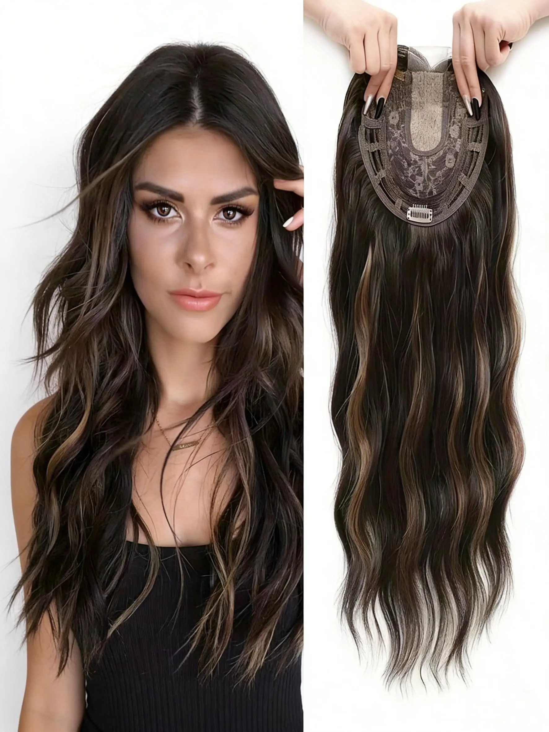 Instant Confidence with Our 22 Inch Wavy Hair Topper! Premium Kanekalon Synthetic Hair with Bangs, Clip-In Design for Thinning Hair, Natural Volume & Effortless Beauty