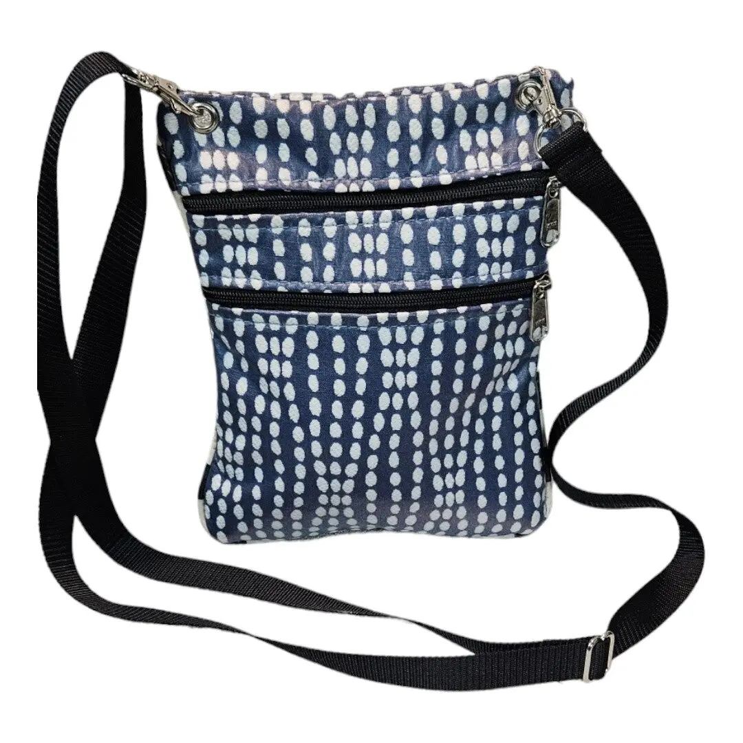 Womens Navy Blue White Wavy Dots Double Zip Bohemian Crossbody Satchel Bag