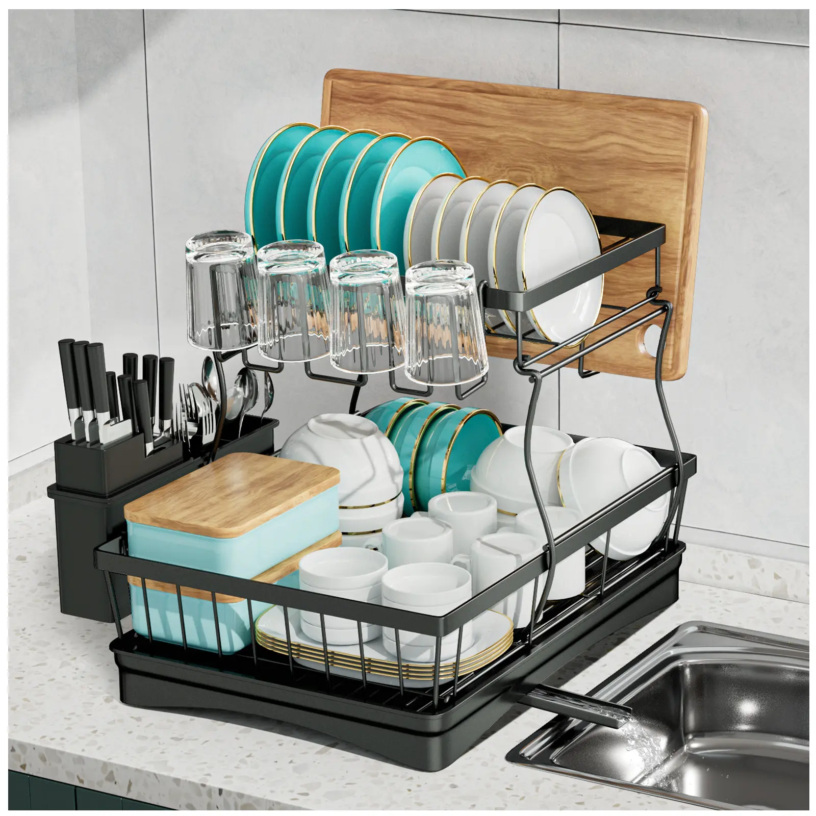 Large 2-Tier Countertop Dishes Rack Organizer Storage for Kitchen - Detachable, Collapsible, Expand or Fold, Freestanding Draining Boards, Utensil Holder Included, Black