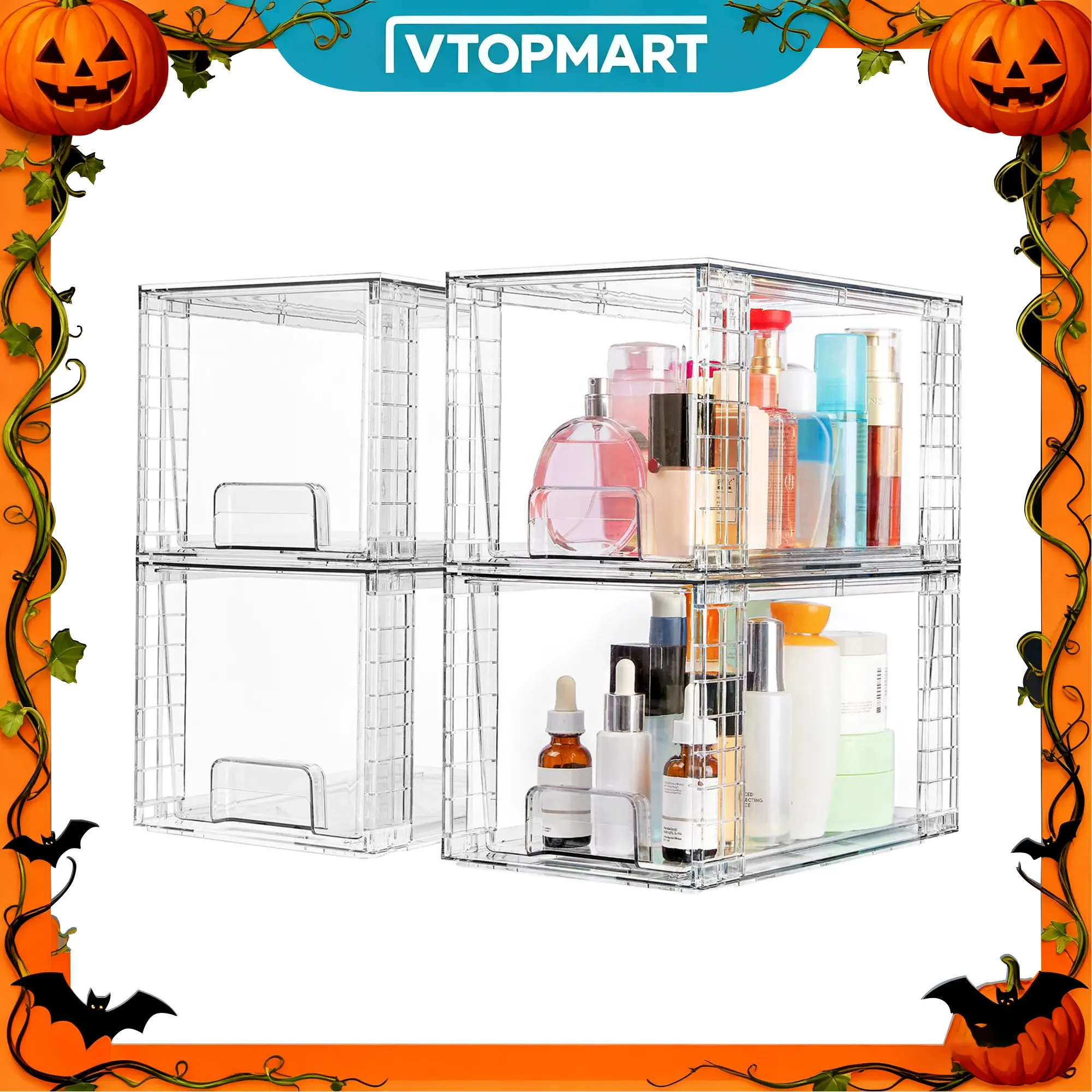 Vtopmart 2-8 Pack Stackable Storage Drawers 12in, Clear Easily Assemble Bathroom Closet Undersink Organizers and Storage Kitchen Cabinets,Pantry,Makeup,Medicine Organization,Halloween Christmas Gift Organizer, Black Friday