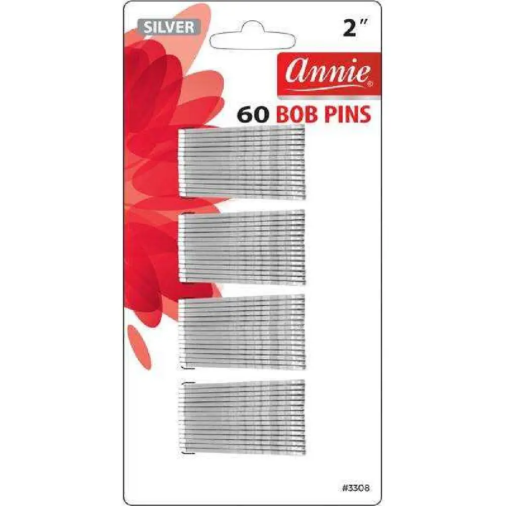 Annie #3308 Crimped Silver Bob Pins - 2 in, 60-Count Fashion Unisex Hair Accessories for French Twist Styling Tools, Hair Clip Set, Double-Coated, Rubber Tips, 2 Inches, Hold Hair And Hairpieces In Place