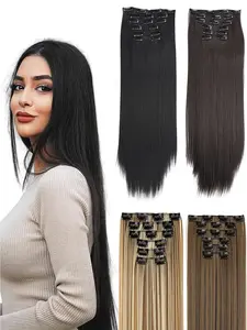 6 Piece Set Clip-In Hair Extensions, Long Straight Fake Hair Pieces for Women, Synthetic Hair Piece, Easy Install, Adds Volume, All Seasons Use