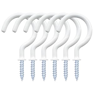 12 Pack White Vinyl Coated Ceiling Hooks, 1-1/4 Inch Screw-In Mug Cup Hooks, Multi-Purpose Wall Hooks for Indoor & Outdoor Use       Can these hooks hold heavy items?Do the hooks come with screws?Are the hooks easy to install?