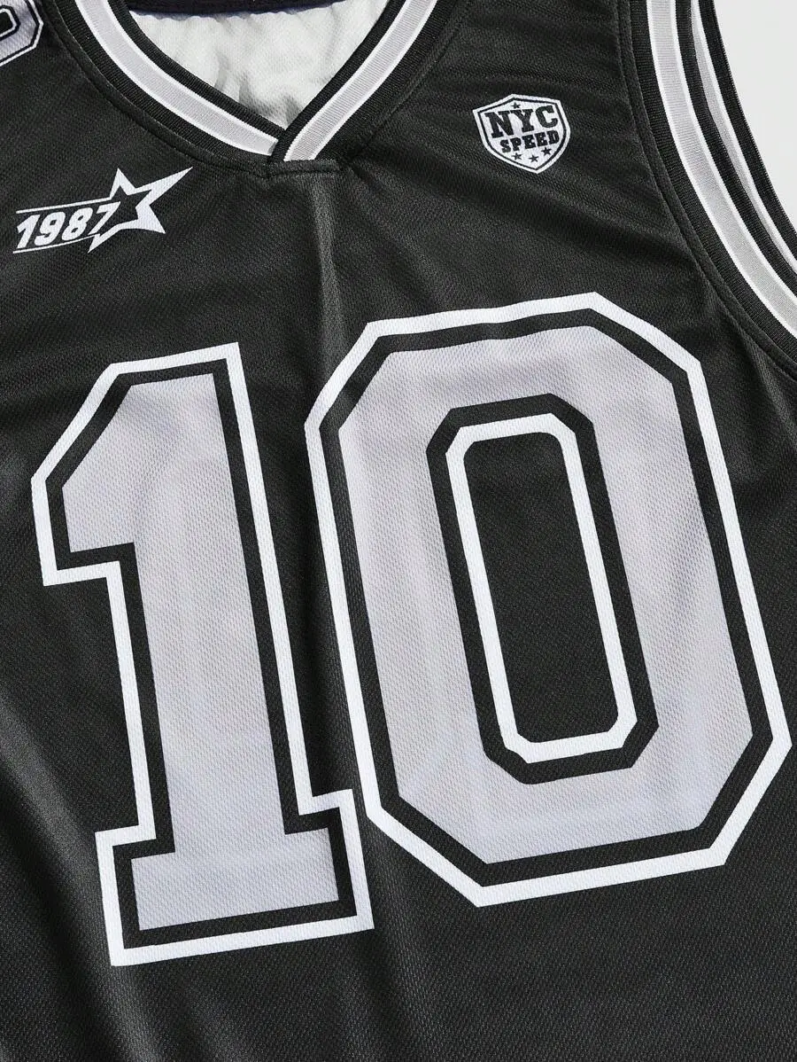 ROMWE MEN Prep Men's Basketball Solid Color Patchwork V-Neck Sleeveless Numeric Print Minimalist Top, Basketball Jersey