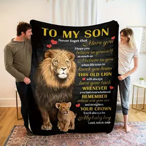 Lion Print Flannel Fleece Throw Blanket - Polyester, Knit Fabric, Dad To Son Envelope Style, Cozy Soft Nap Blanket For Sofa, Bed, Office, Camping, Travel, Home Decor - Ideal Gift For Son