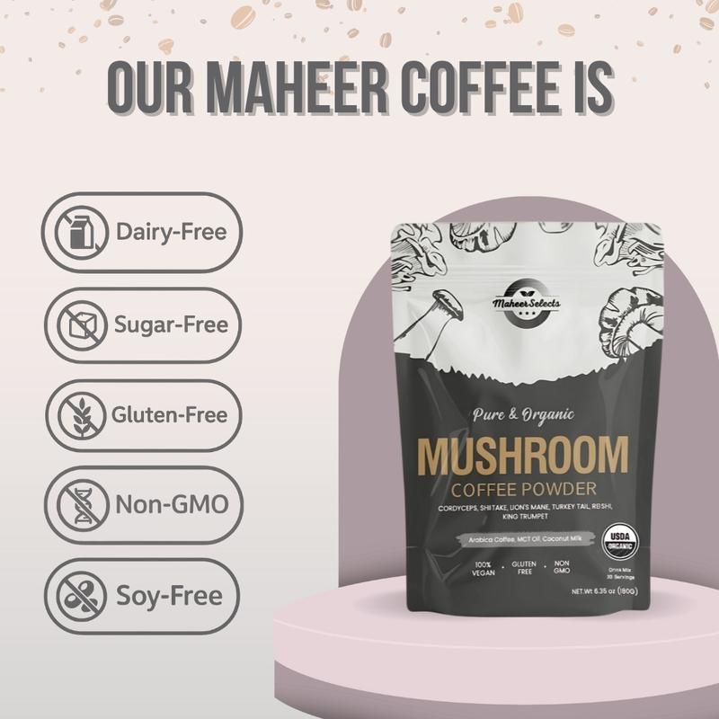MaheerSelects Premium Mushroom Coffee Powder withbox Complete Coffee Set 100% REAL, USA Grown Instant Coffee for Better Energy, Focus, Digestion, Immunity with Lions Mane & Turkey Tail, 30 servings