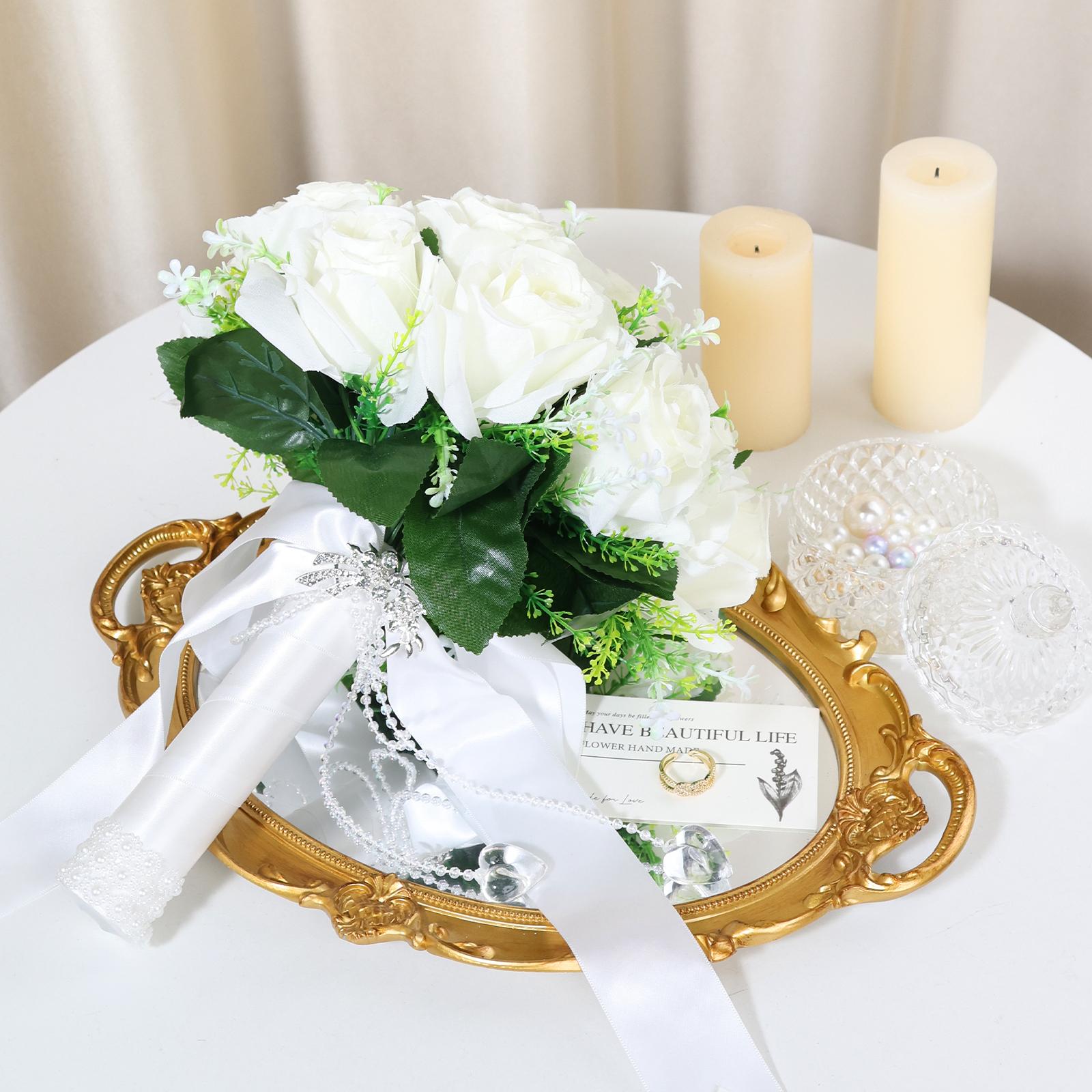 Wedding Bouquets for Bride Bridesmaid，White Champagne Roses Flowers for Bride Bridesmaid，for Home Wedding Party Ornaments Lifelike Fake Plant Fruit， Church Decoration, Ceremony, Anniversary