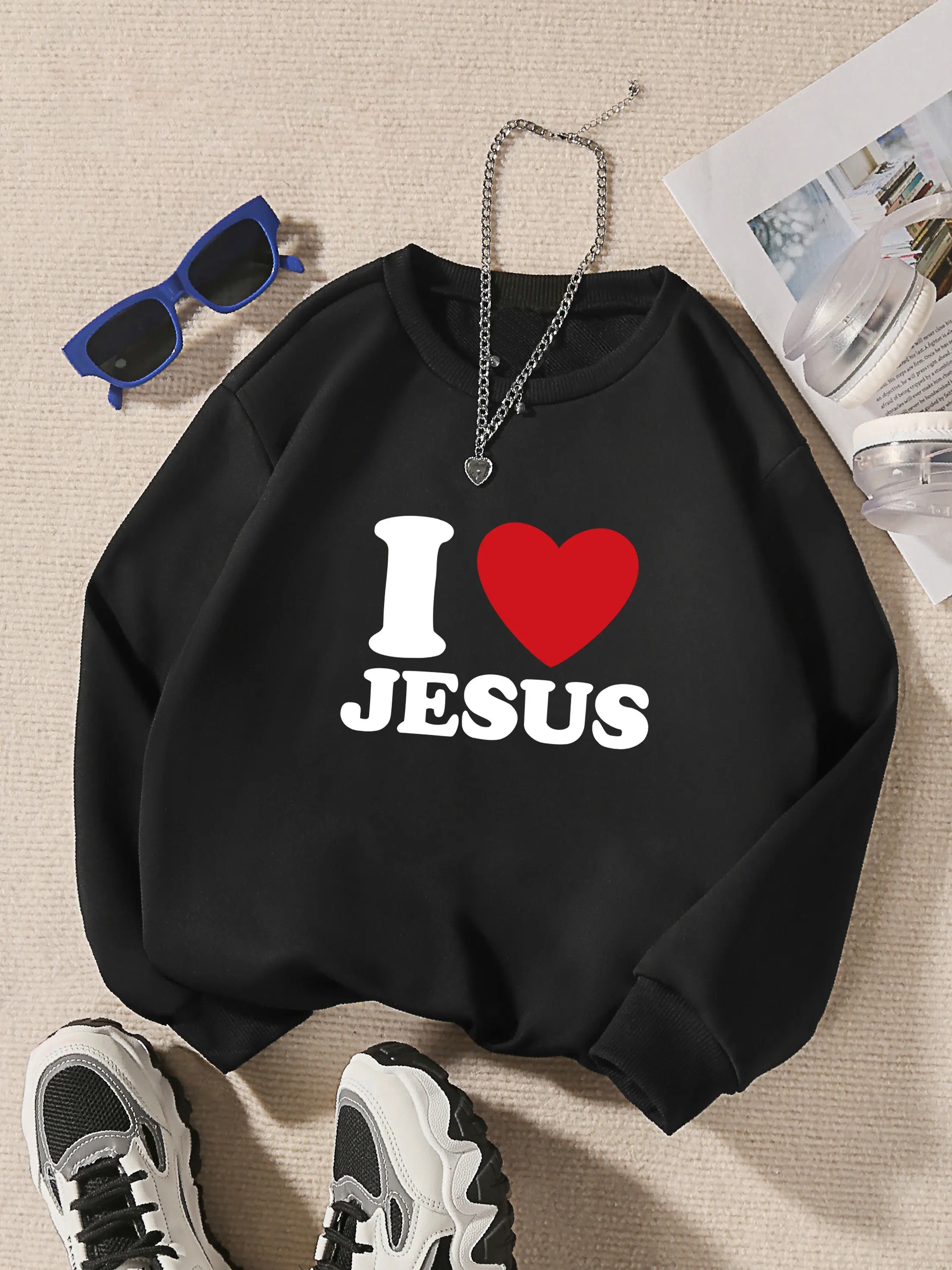 Girls' Casual Soft Sweatshirt, Cotton Blend Crewneck with "I Love Jesus" Graphic, Fade-Resistant Faith Pullover, Inspirational Gift, Graphic Hoodies, Long Sleeve, Fabric, Ribbed, Casual Comfy Pullover, Fit
