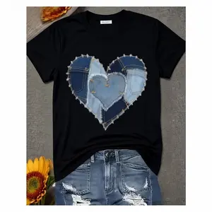 Women's Casual T-Shirt - Heart Denim Print Design, 100%, Short Sleeves, Crew Neck, Machine Washable - Perfect for All Seasons