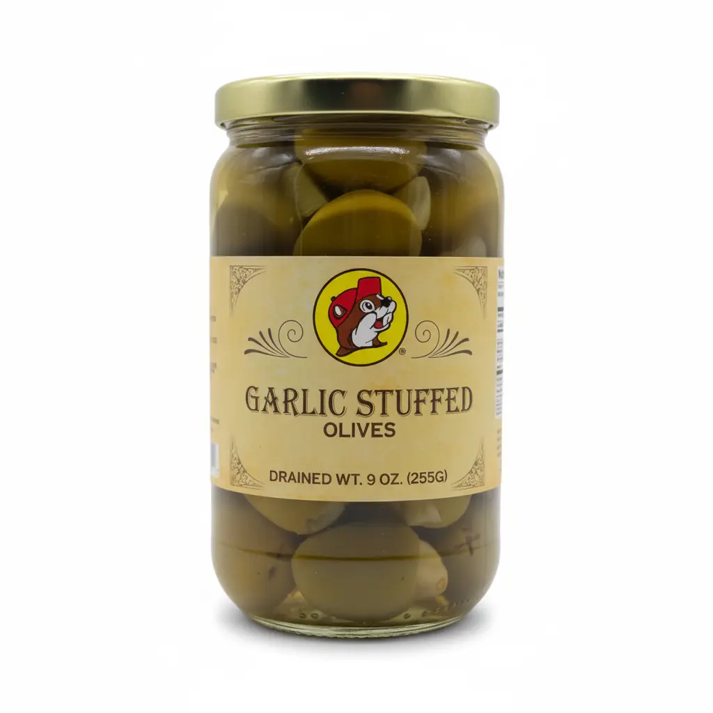 Buc-ee's Garlic Stuffed Olives - Hand-Stuffed with Whole Garlic Cloves, Bold Savory Aromatic Pickled Snacks, 9 oz Jar, No Artificial Preservatives, Ideal for Antipasto & Cocktails, Versatile Pantry Food