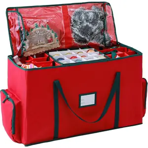 2-In-1 Christmas Decoration Ornament Organizer Box, Movable Pallet Santas Bags Ornament Storage Containers, Holds 73 Holiday Ornaments, Adjustable Space For Figurines And Pockets For Decoration