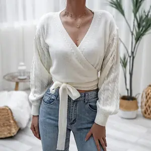 DEWADBOW  Autumn V-Neck Bandage Cross Wrap Women's Knitted Sweaters