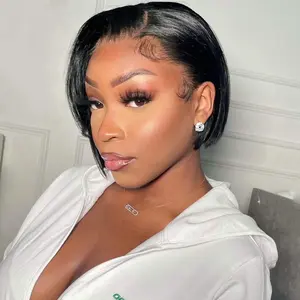 Glueless Staight Short Bob Wig 4x4 Pre Plucked Hairline Pre-Cut  Lace Wig 180% Density HD Transparent Lace Closure Wigs Human Hair for Black Women Short Straight Bob Wigs No Glue Lace Closure Wigs Beginner Friendly Gift for Girlfriend/Wife/FamilySpringtok
