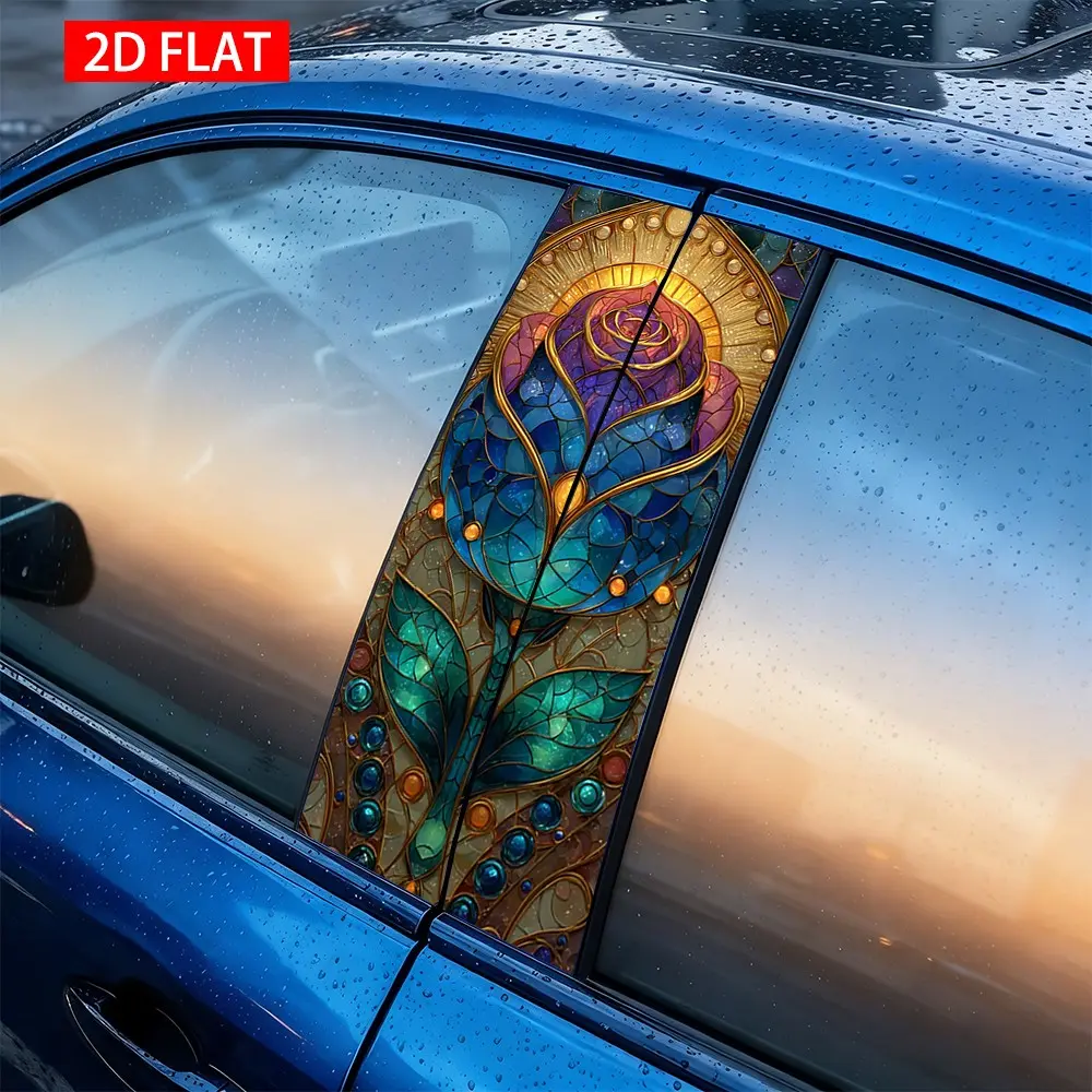 2 Sets Gradient Rose Pattern Car B Pillar Stickers, PVC Self-Adhesive Waterproof Scratch-Resistant Exterior Decor, Car Decorative Sticker, Car Column Decoration, Automotive Decals, Vehicle Exterior Decoration