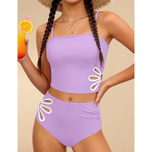 Girls Swimsuit Adjustable Straps Cut Out Swimwear 2 Piece Solid Color Tankini for Girls Bathing Suit 9-18Y