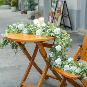 1pcs or 2pcs 5.91FT Artificial Eucalyptus Garland with Flowers, Fake Rose Gypsophila Garland, Faux Floral Greenery Garlands for Wedding Spring Home Party Table Runner Decor（White/Champagne)