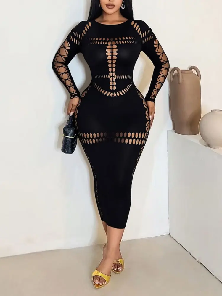 Women's Plain Hollow Out Black Dress Long Sleeve Bodycon Midi for Party Clubwear