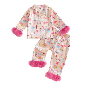 Girls Birthday Pajama Sets Long Sleeve Lapel Button Up Goose Print Shirt Pants Sleepwear