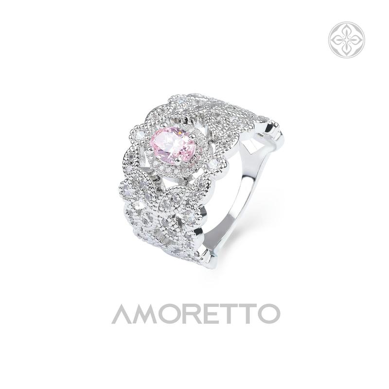 【Lab-Created】AMORETTO| Hearts & Arrows 10/10Aria Lace Ring - Fancy Pink High Carbon Diamond Band with Floral Filigree & Lab-Created Moissanite Stud Earring S925 Sterling Silver Moissanite Jewelry Perfect Birthday Mother’s Day Gift for Men Women