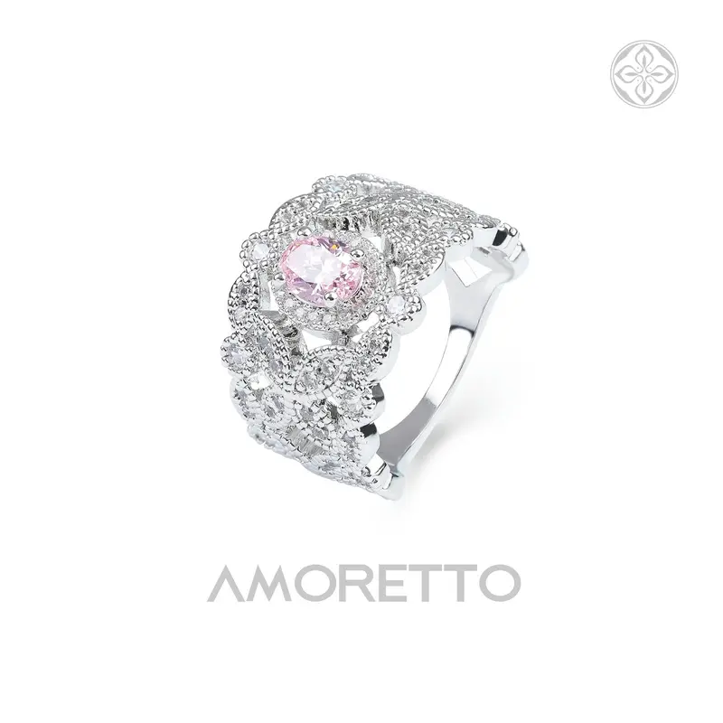 【Lab-Created】AMORETTO| Hearts & Arrows 10/10Aria Lace Ring - Fancy Pink High Carbon Diamond Band with Floral Filigree & Lab-Created Moissanite Stud Earring S925 Sterling Silver Moissanite Jewelry Perfect Birthday Mother’s Day Gift for Men Women
