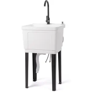 summervibes 13-Gallon Utility Sink Laundry Tub for Washing Room, Freestanding Utility Sink with Stainless Steel Faucet, (White, 19.7"W x 18.9"D x 33"H) summervibes