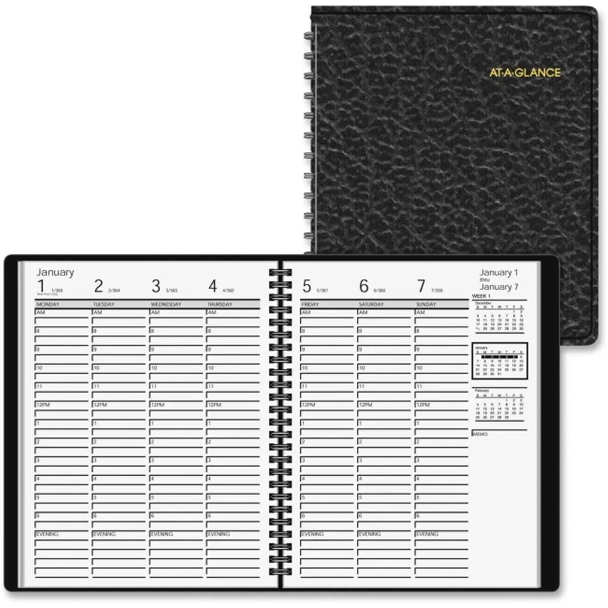 212 MAIN Weekly Appointment Notebook Planner - 7x8 in Black Simulated Leather Cover Office Organiser, Weekly Planner Notepad with 1-Week-Per-2-Page Spreads, 13-Month Range, Hourly Appointment Times Grids for Personal Use
