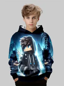 Boys' Fashion Hoodie with Pixelated Character & Cityscape Design, Long Sleeve Casual Pullover for Fall Winter Outdoor Activities