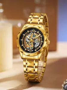 Luxury Hollow Out Automatic Men's Watch, Diamond Inlaid Dial, Round Quartz Movement, Waterproof Steel Strap, Business Casual Gift, Quartz Analog Wristwatch