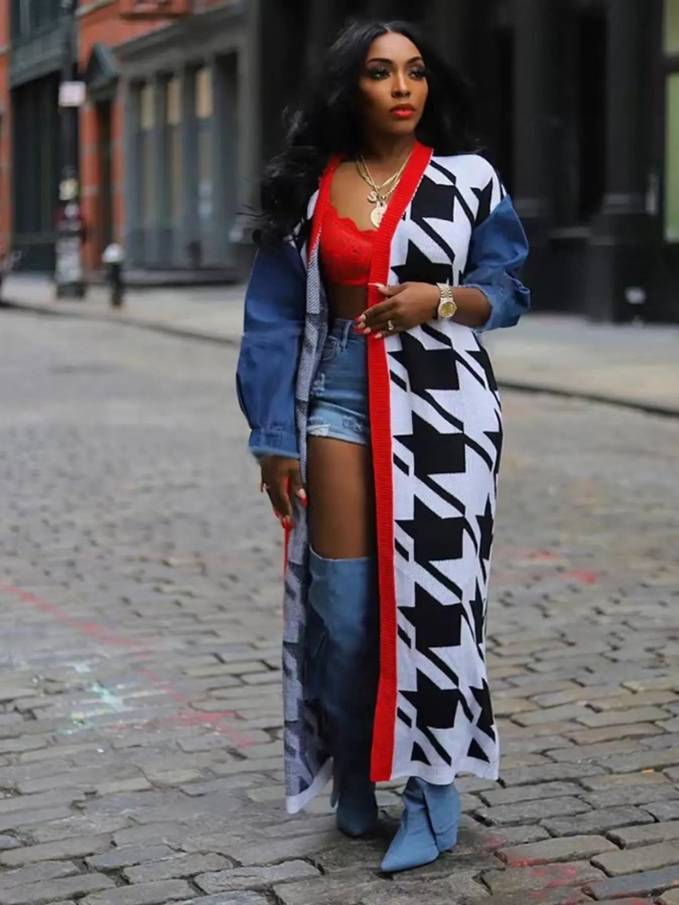 Women's Houndstooth Patchwork Print Drop Shoulder Longline Cardigan, Casual Long Sleeve Open Front Knitwear for Fall & Winter, Fashion Ladies' Knit Cl