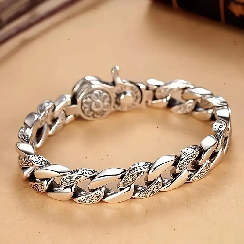 S925 Silver Men's Rotating Word Hand Chain Bracelet - Retro Hip-Hop Look, Domineering Personality, Bracelet Design, Everyday Wear Fashion Jewelry