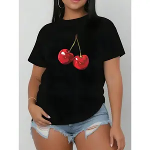 Women's Black Cherry Print Short Sleeve Crew Neck T-Shirt Casual Summer Top Classic Cherry Design for Attire Cherry T-shirt