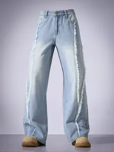 Vintage Patchwork Washed Light Blue Denim Jeans, Loose Straight Leg Wide Leg Pants, Y2K Style American Street Casual Fit, Perfect Gift for Boyfriend