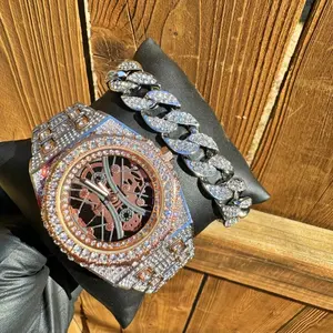 Men’s Full Iced 43MM Silver Skeleton Dial Luxury Watch - Cuban Link Bracelet Set - Octagon Dial