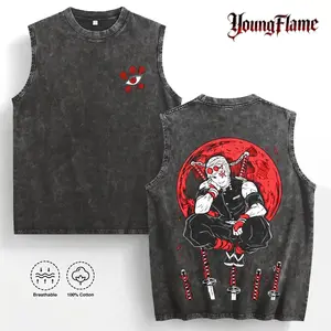 Vintage Acid Wash Dark Ninja Graphic Muscle Tee | Red Moon Anime Sleeveless Shirt | 100% Cotton Men's Gym Streetwear short-sleeved t-shirt men top vintage menswear