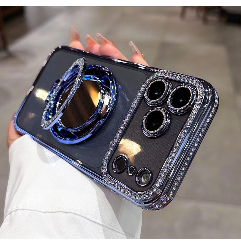 Phone Case with Mirror & Stand for iPhone 12/13/14/15/16/17 Pro Max,17Air,14/15/16 Plus. Features a shiny frame, high-definition transparent material, and full-body drop-resistant design.