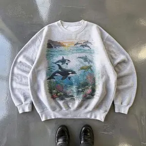 Orcas Sunset Sea Scene Vintage 90s Sweatshirt, Retro Ocean Dolpin Sweater, Cute Sea Turtle Sweater