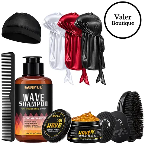 Goiple 360 Wave Shampoo Wave Pomade Strong Hold 360 Training Hair Cream, Wave Butter for Men Pocket Palm Brush Curved Brush Silky Durags for Men Extra Long Tails Wave Brush Wave Cap Set