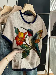 Women's Floral Bee Print Knit Sweater T-Shirt, Round Neck Short Sleeve, Casual Breathable Design, Spring Summer Fall Fashion