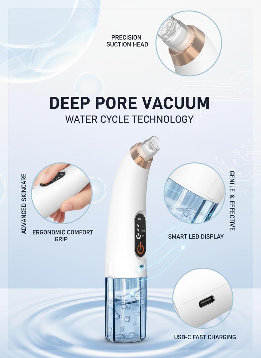 Professional Hydra Facial Device, Bubble Deep Cleansing Blackhead Remover for Pore Care, Removes Impurities, Hydrates Skin & Refines Texture, Adjustable Suction Levels, USB Rechargeable Portable Skincare Tool